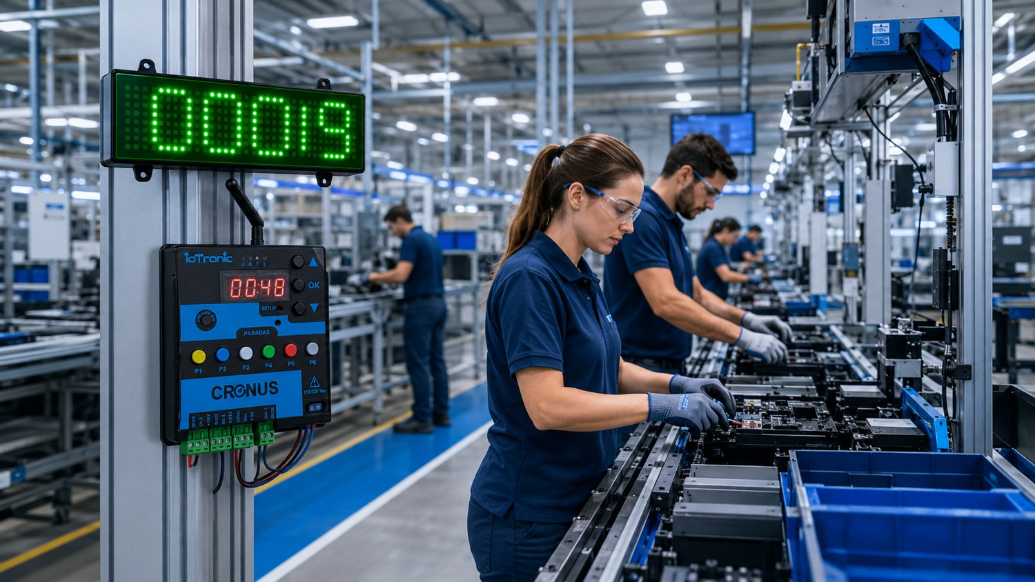 Cronus Master instalado en una línea de producción con operadores trabajando